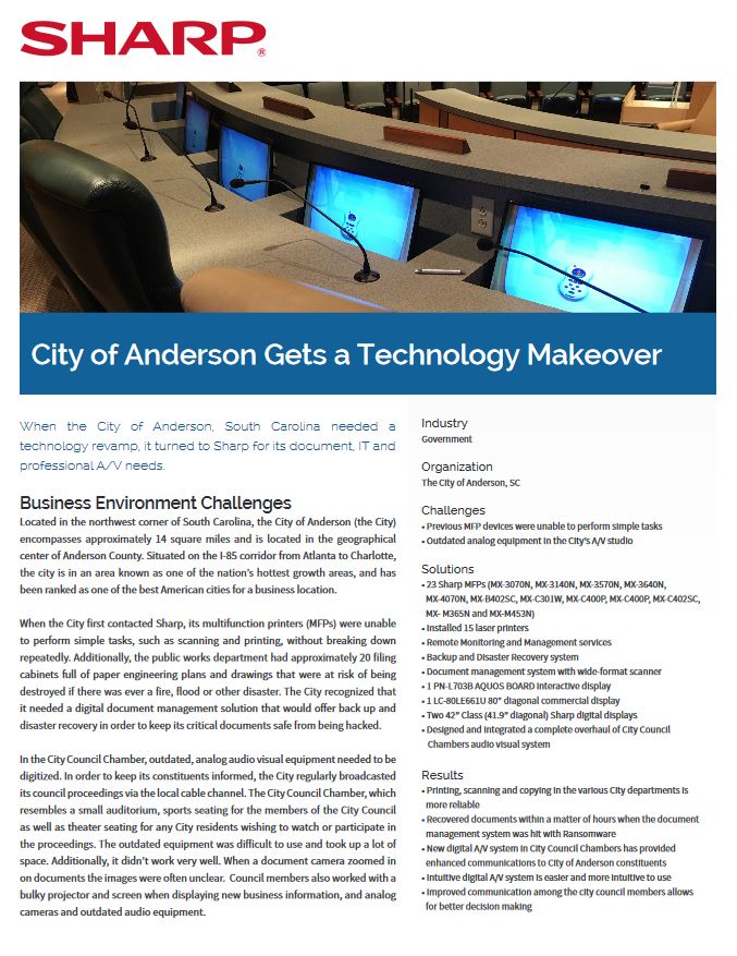 Sharp, City Of Anderson, Case Study, Innovative Office Technology Group