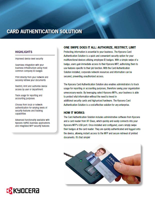 Kyocera, Software, Cost Control, Security Card Authentication, Innovative Office Technology Group
