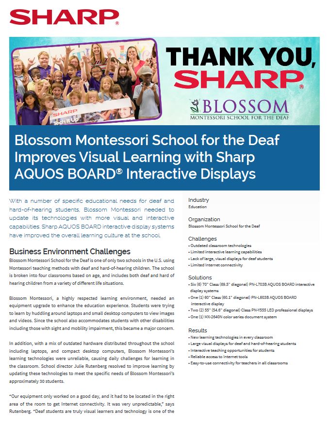 Sharp, Case Study, Blossom Montessori School For The Deaf, Aquos Board, Innovative Office Technology Group